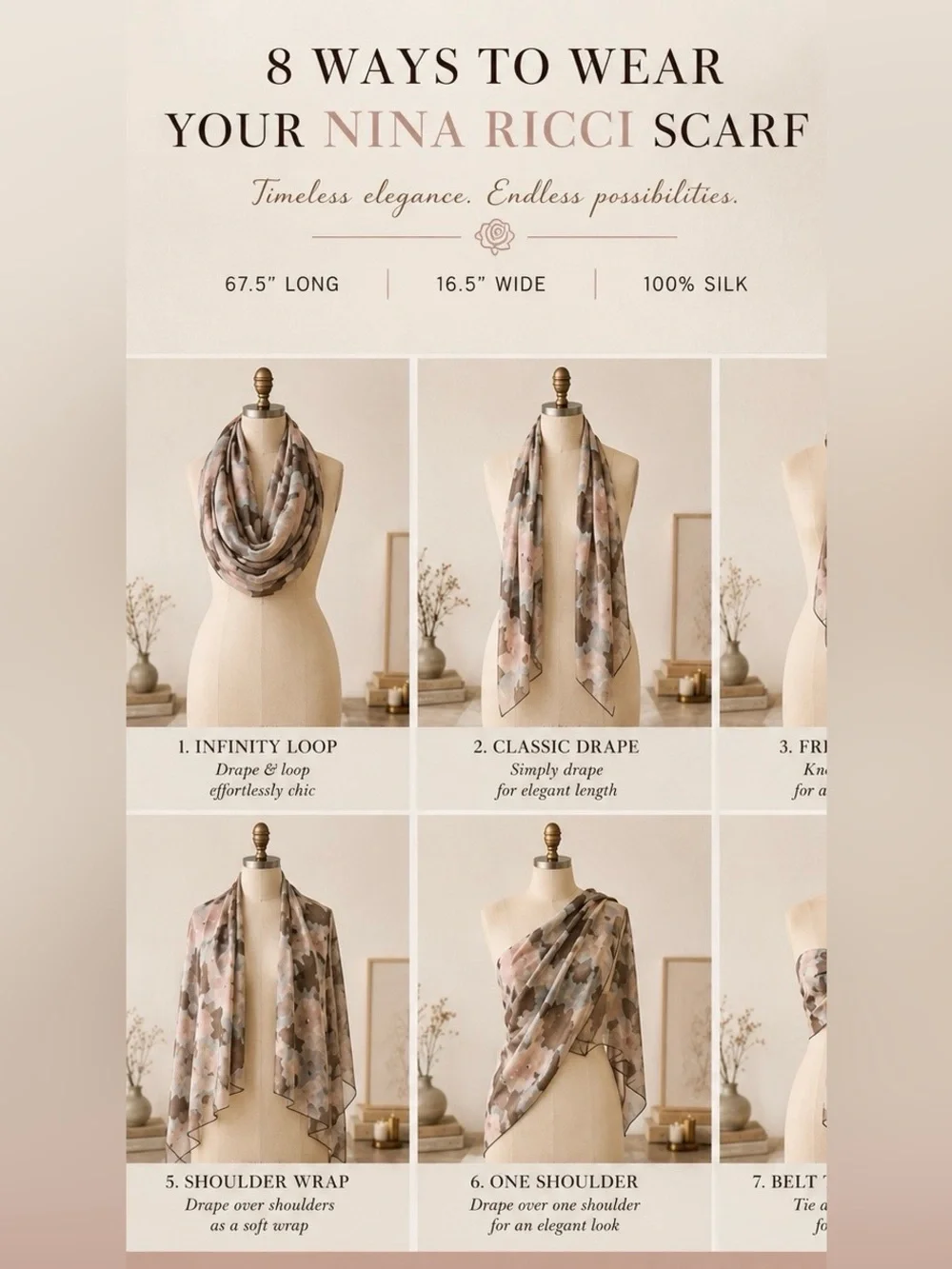 Nina Ricci Italy 100% Silk Abstract Floral Scarf Taupe Blush Blue 22x70
